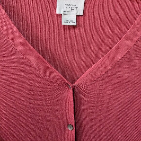 LOFT Pink Silk V-Neck Cardigan - Picture 3 of 8